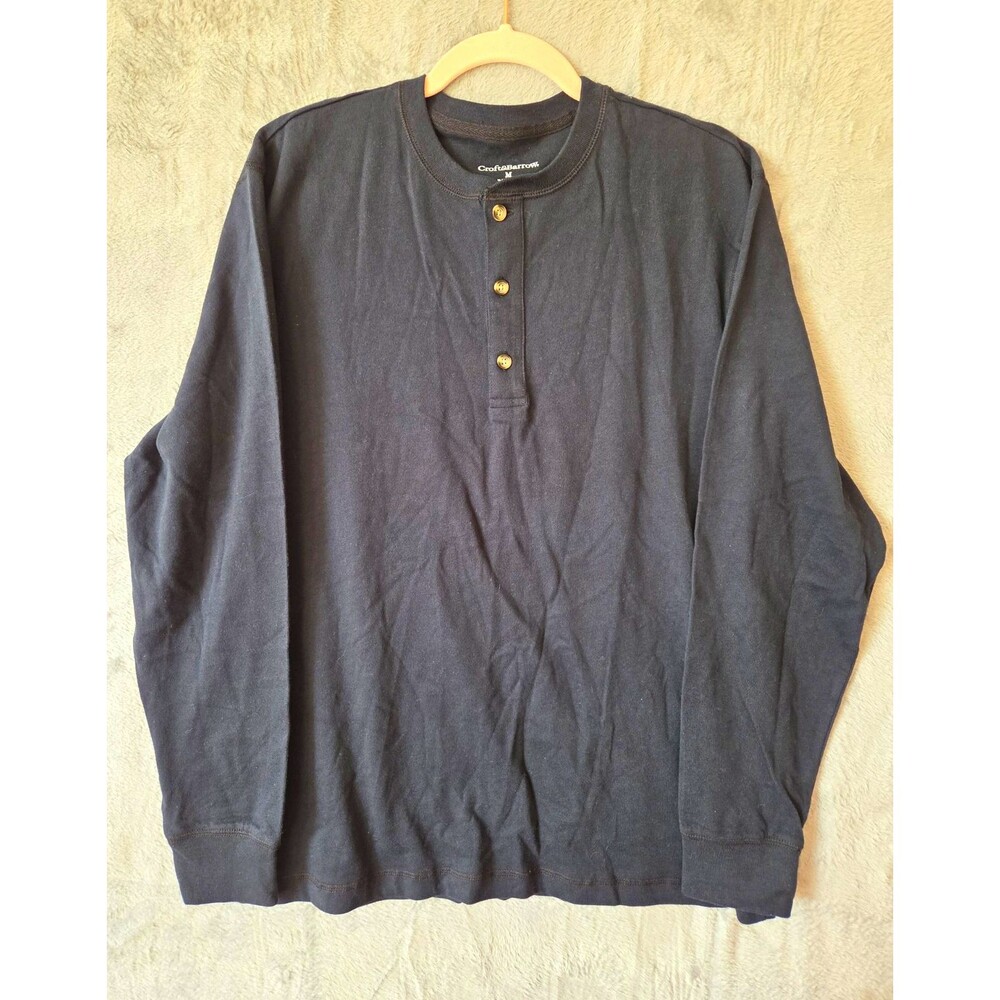 Croft & Barrow Mens M Cotton Crewneck Black Henley Pullover Buttons long sleeve